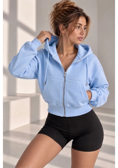 Bb Butik Basic Kapüşonlu Fermuarlı Kısa Kadın Sweatshirt Günlük Basic Model My3535 Bebe Mavi