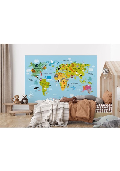 Çocuk Ve Bebek Odası Poster Duvar Kağıdı Hayvanlar Alemi Eğitici Dünya Haritası-1007