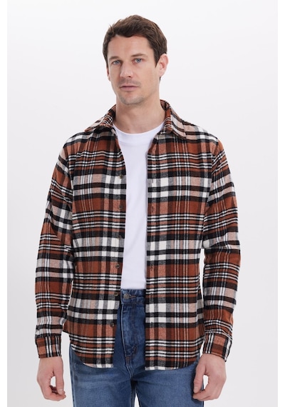 Tudors Erkek Slim Fit Dar Kesim Kareli Kışlık Oduncu Gömlek-42200 Kahverengi