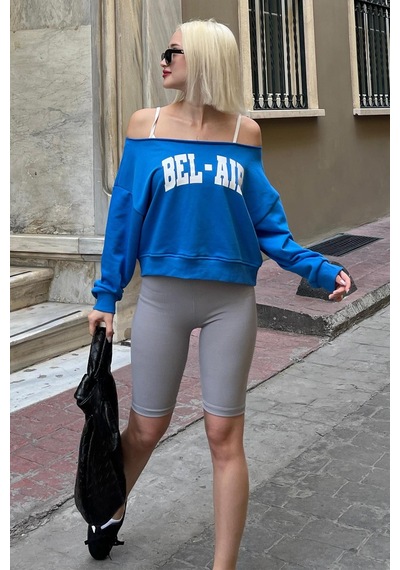 Saks Kayık Yaka Baskılı Kadın Sweatshirt Mg2205