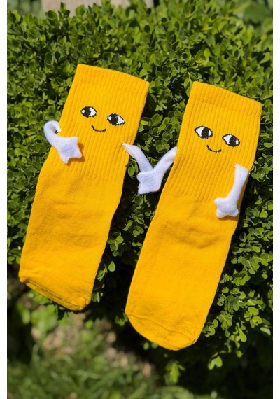 Lousocks Unisex Sarı El Ele Tutuşan Halay Çeken Sevimli Yüz Desenli Soket Çorap