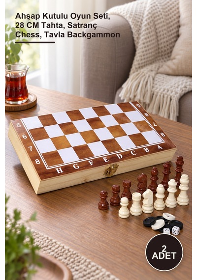 2 Adet Ahşap Kutulu Satranç Ve Tavla Seti Ahşap Kutulu Oyun Seti, 28 Cm Tahta, Satranç Chess, Tavla Backgammon
