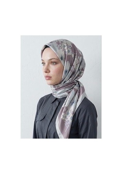 Bushu Çiçek Ve Desenli Twill Eşarp Lotus