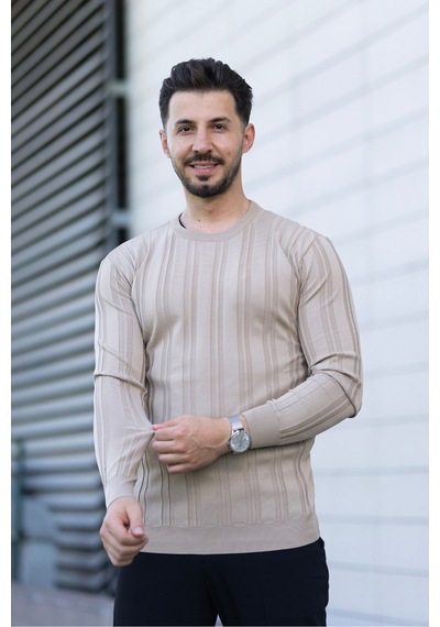 Hk Premium Kazak Fitilli Bisiklet Yaka Slim Fit Triko Bej