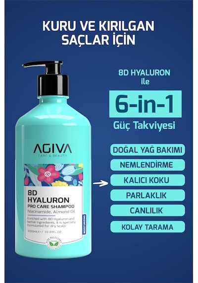 Agiva 8D Hyaluron Kuru Ve Kırılgan Saçlar İçin Nemlendirici Saç Bakım Şampuanı 1 L