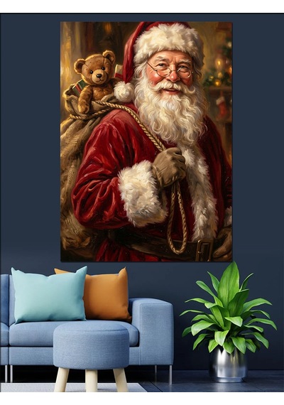 Hediye Çuvalıyla Noel Baba Santa Dekoratif Kanvas - Mdf Ahşap Tablo