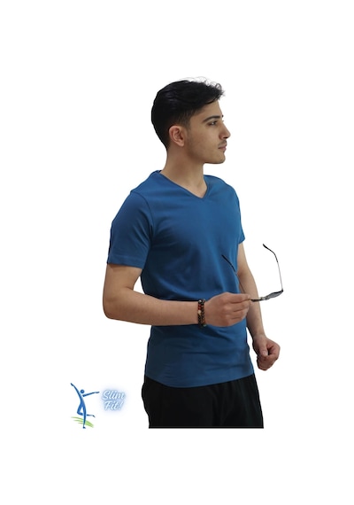 Sermoda Erkek Slim Fit V Yaka Tişört - Dar Kesim Basic Günlük T-shirt Petrol Mavi
