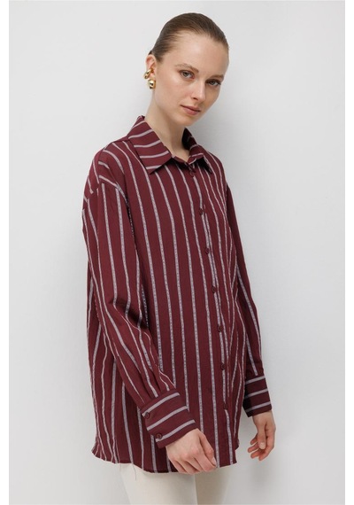 Mizalle Çizgili Oversize Mürdüm Viskon Gömlek