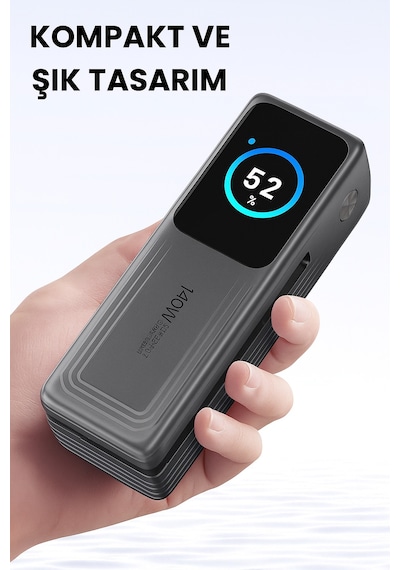 140w Süper Hızlı Şarj 30000mah Powerbank Dijital Led Ekran 2 Usb-c + 1 Usb-a Çıkış Dahili Type-c Kablo Laptop Uyumlu Taşınabilir Şarj Cihazı Açık Gri