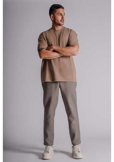 Erkek Yandan Cepli Beli Lastikli Keten Dokulu Relaxed Fit Jogger Pantolon Haki Haki