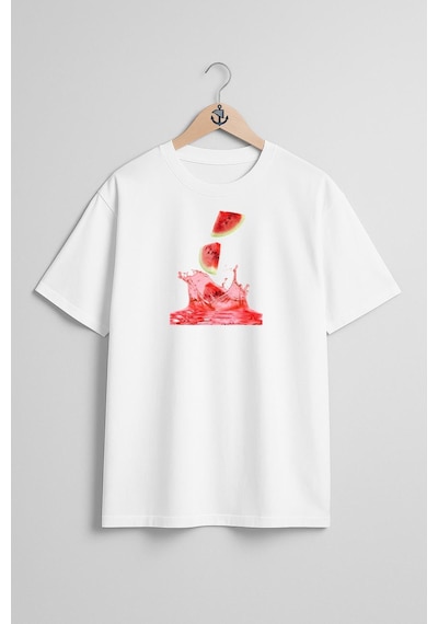 Bahriyeli Collection Oversize Karpuz Ferahlatıcı Göğüs Tasarımlı Unisex T-shirt Beyaz