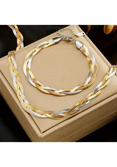 Vintage Boho Model 3 Renk Altın Kaplama 316l Paslanmaz Çelik Şık Tasarım Parlak Bileklik Kolye Set - 1265 Gold