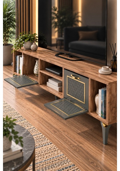 Sulorahome Kahverengi Ve Antrasit Kapaklı Tv Sehpası Altın - Antrasit - Ceviz