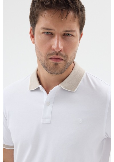 Beyaz-bej Polo Yaka Pike Kısa Kol Slim Fit %100 Pamuk Tişört 1011260171