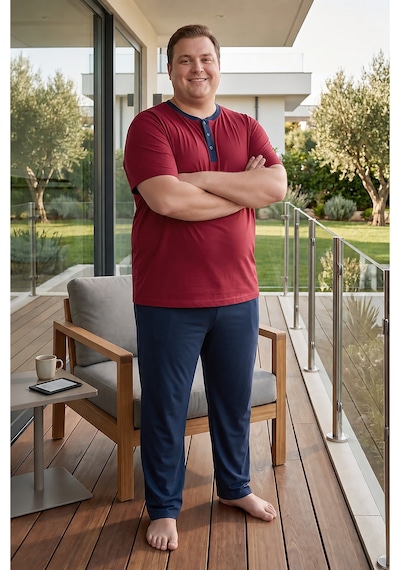 Bravie Erkek Yakası Düğmeli Altı Uzun Kısa Kollu Pamuklu Büyük Beden Yazlık Pijama Takımı Bordo Bordoo