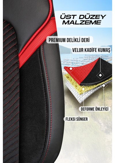 Siyah - Kırmızı Garni Panda Monte Carlo Serisi Velor Kadife Kumaş Oto Koltuk Kılıfı - Tam Set