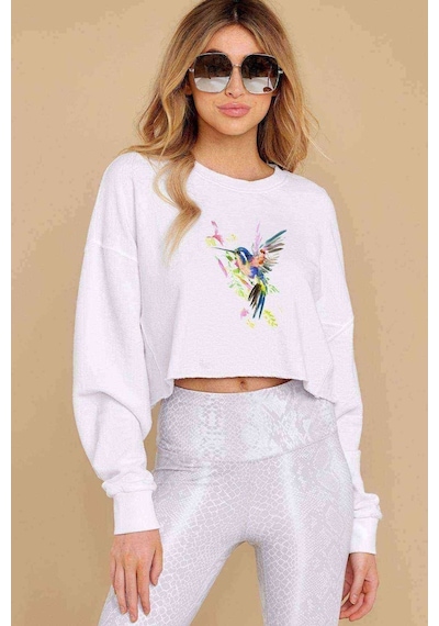 Watercolor Huingbird Baskılı Crop Kadın Beyaz Sweatshirt