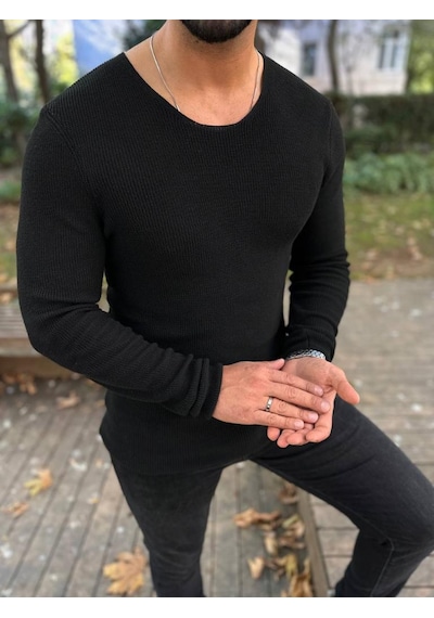 Elku Moda Kazak Örme Tüylenmez Naturel Pamuk Kazak Slim Fit Triko Dar Kesim Body Kazak Siyah