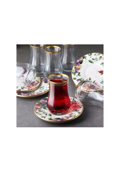 Flora 6 Kişilik Seramik Tabaklı Çay Bardağı Takımı Seti Çok Renkli