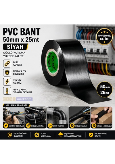 Pvc Bant Elektrik Bantı 50mmx25mt Siyah Bant Marketim