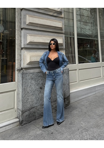 Out Of Standart Kadın Midwaist Flare Yüksek Bel Geniş Paça Jean Pantolon İce Blue