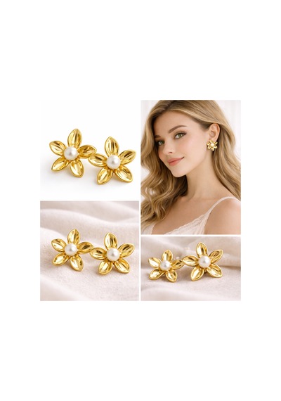 Wonder Altın Renkli İncili Papatya Şeklinde Şık Tasarım Gold Küpe