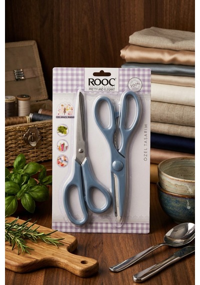 Makri Home Tırtıklı Ağız 2'li Çok Amaçlı Makas Seti Büyük Boy Mavi, 22 Cm