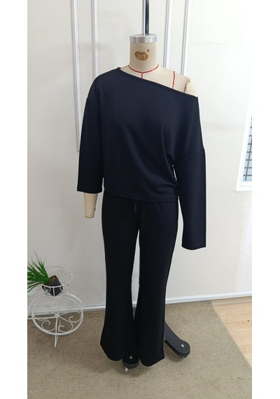 COJans Kadın Tek Omuzdan Açık Uzun Kollu Kısa Modal Bluz Ve Pantolon Ikili Takım Göründüğü Gibi