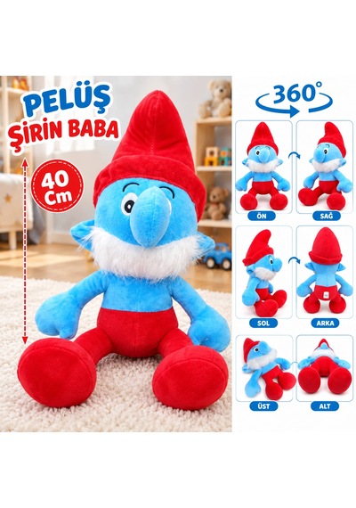 Oyuncak Peluş Şirinler Şirin Baba-şirine-gözlüklü Şirin-gülen Şirin Sevimli Oyun Arkadaşı Hediyelik 40 Cm Kırmızı - Mavi