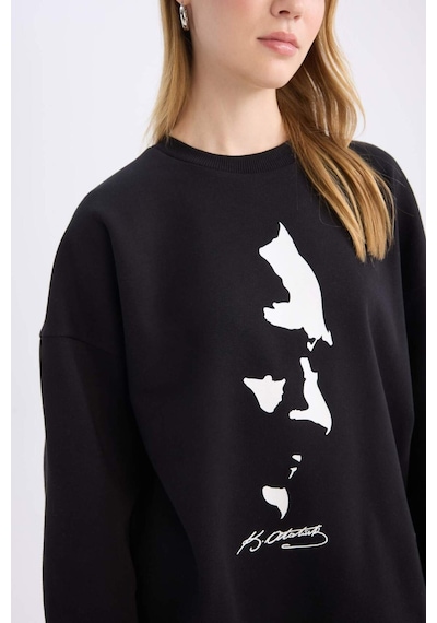 DeFacto Oversize Geniş Kalıp Bisiklet Yaka Atatürk Baskılı Sweatshirt E5445AX24WNBK81 Siyah