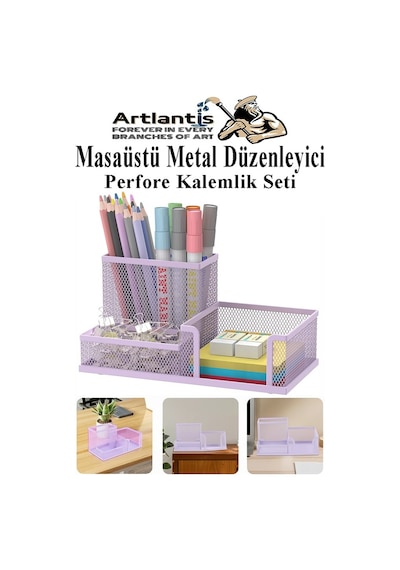 Masaüstü Metal Kalemlik Seti 3 Lü Kombo 1 Paket Fileli Perfore Pastel Renkli Kalemlik Kağıtlık Küpnotluk Düzenleyici Lila