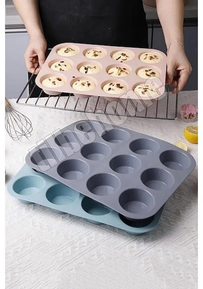 Tilbe Home 12'li Silikon Muffin Kalıbı Kurabiye Tatlı Kalıbı Yapışmaz Gıdaya Uygun Pişirme Cupcake K Siyah