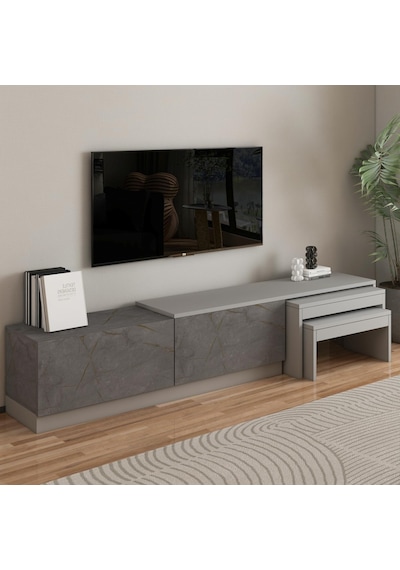 Nest Tv Sehpası Modern Tasarım,2 Kapaklı Depolama Ve İkili Zigon Sehpa İle Fonksiyonel Mobilya Gri Nest Tv Sehpası Modern Tasarım,2 Kapaklı Depolama Ve İkili Zigon Sehpa İle Fonksiyonel Mobilya Gri