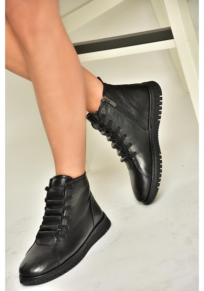 Fox Shoes T555366203 Siyah Hakiki Deri Comfort Ortopedik Taban Kadın Bot Siyah