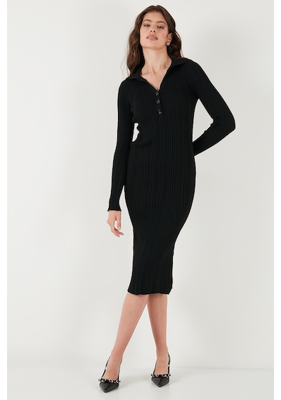 Lela Premium Fitilli V Yaka Slim Fit Midi Boy Triko Bayan Elbise 680El00282 Siyah