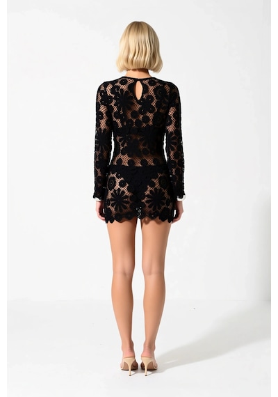 Benerly Kadın Ajurlu Dokuma Bisiklet Yaka Kolsuz Bodycon Midi Plaj Elbise Siyah