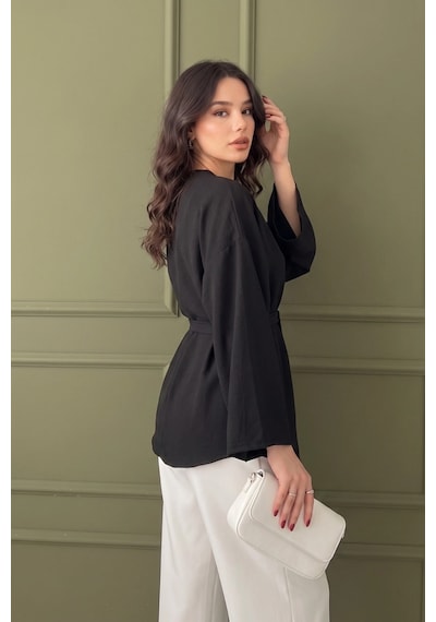 Koyu Siyah Kadın Kuşaklı Kimono 1177