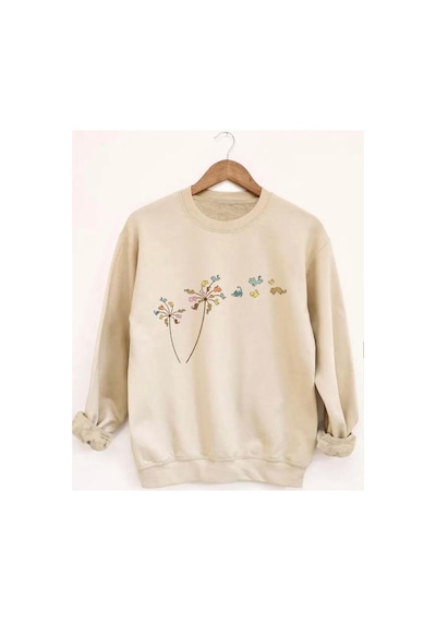 Herkesemoda Çiçek Baskılıı Bisiklet Yaka İçi Polarlı Sweatshirt Bej