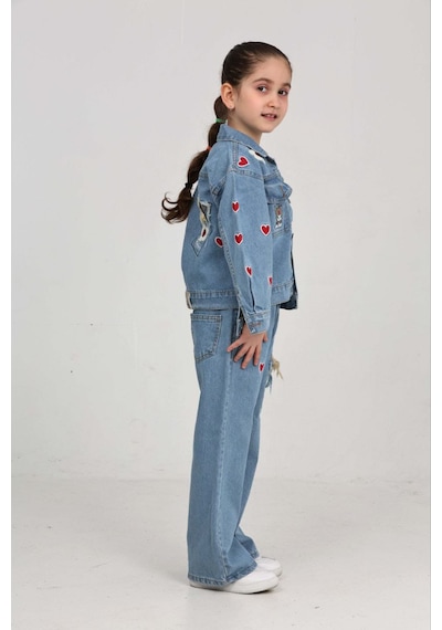 Moonch Kuromi Nakışlı İşlemeli Kız Çocuk Kot Takım-2'li Denim Set Mavi