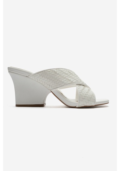 Luvi Shoes Lavean Beyaz Örgü Çapraz Bantlı Kadın Dolgu Topuklu Terlik