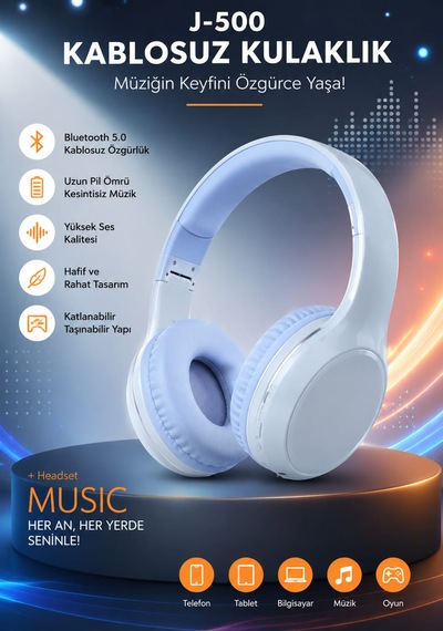 J500 Mavi Renk Bluetooth Kafa Üstü Kulaklık