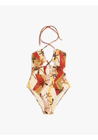 Koton Çiçekli Halter Yaka Mayokini Astarlı Çıkarılabilir Pedli Kahverengi Desenli 4sak20130mm Kahverengi