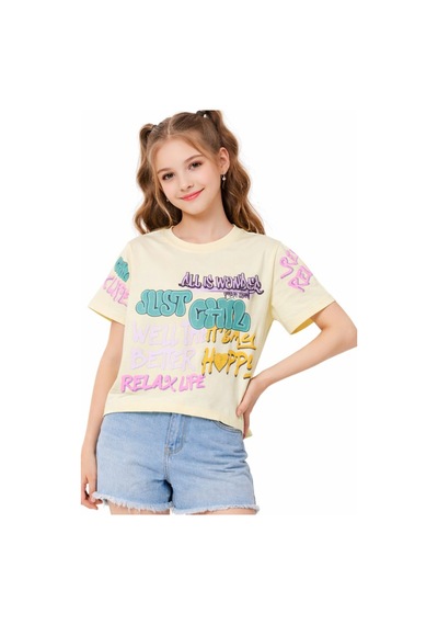 İrem Çocuk Giyim Kız Çocuk Just Chill Yazı Desenli Kısa Model Crop Sarı Renk Tişört Sarı