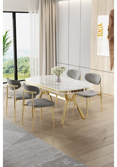 Canisa Olya Serisi 90x168 Lak Panel Beyaz Mermer Desen Masa Takımı Gold Ayaklı 4 Gri Sandalye Masa Beyaz Mermer Gri Sandalye Canisa Olya Serisi 90x168 Lak Panel Beyaz Mermer Desen Masa Takımı Gold Ayaklı 4 Gri Sandalye Masa Beyaz Mermer Gri Sandalye
