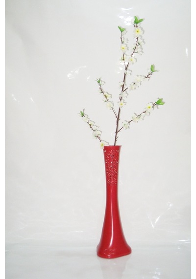 60 Cm Kırmızı Desenli Vazo Beyaz Bahar Dalı