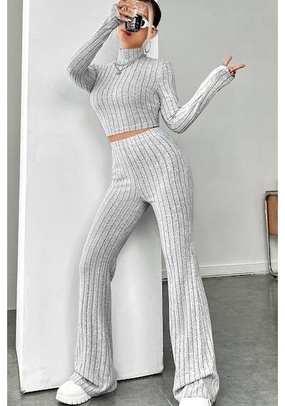 Epilons Zenviaatt2 Kadın Gri Çizgili Boğazlı Crop Top Ve Yüksek Bel Pantolon Takım Zenvi312