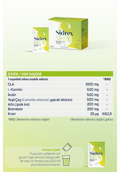 Sidrex Slm-x Bromelain Cla ve Yeşil Çay Eki İçeren Takviye Edici Gıda 30 Saşe