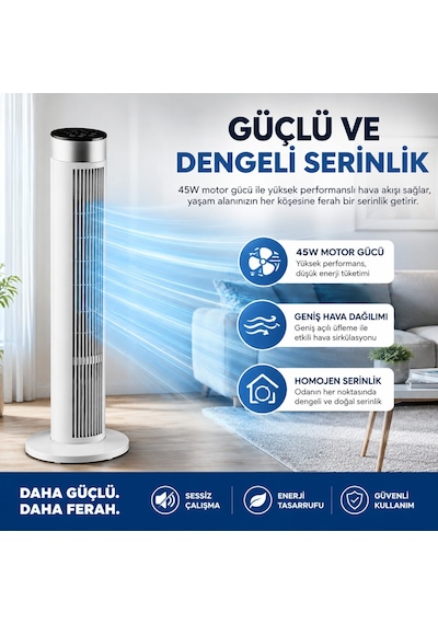 Amazon Başlık 39 İnç Kule Tipi Vantilatör, Uzaktan Kumandalı, 45w Güçlü Motor, 3 Hız Kademesi, 3 Modlu, Led Dokunmatik Ekran, Salınımlı, Sessiz Çalışma, 7.5 Saat Zamanlayıcı, Beyaz