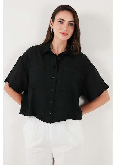 Lela Regular Fit Cep Detaylı Kısa Kollu Bayan Gömlek 6778568 Siyah