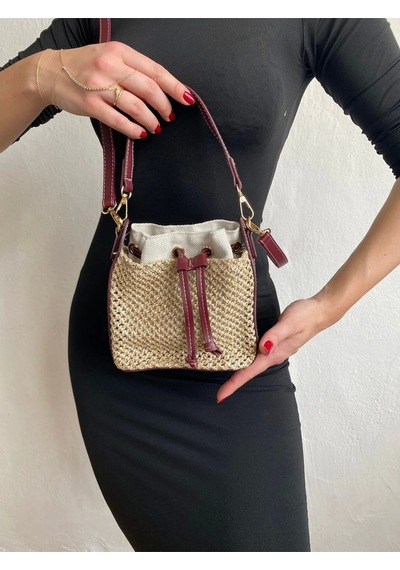 Glemix Maria Hasır Bordo Büzgü Kapama Kova Model Mini Kadın Omuz Çantası Hasır Bordo